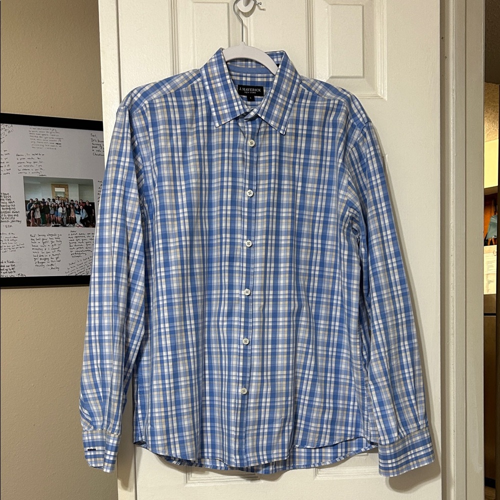 Men's Blue and White Plaid Button-Down Shirt